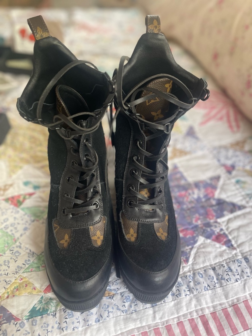 Luis Vuitton Black and Brown Lace-Up Women's Boots